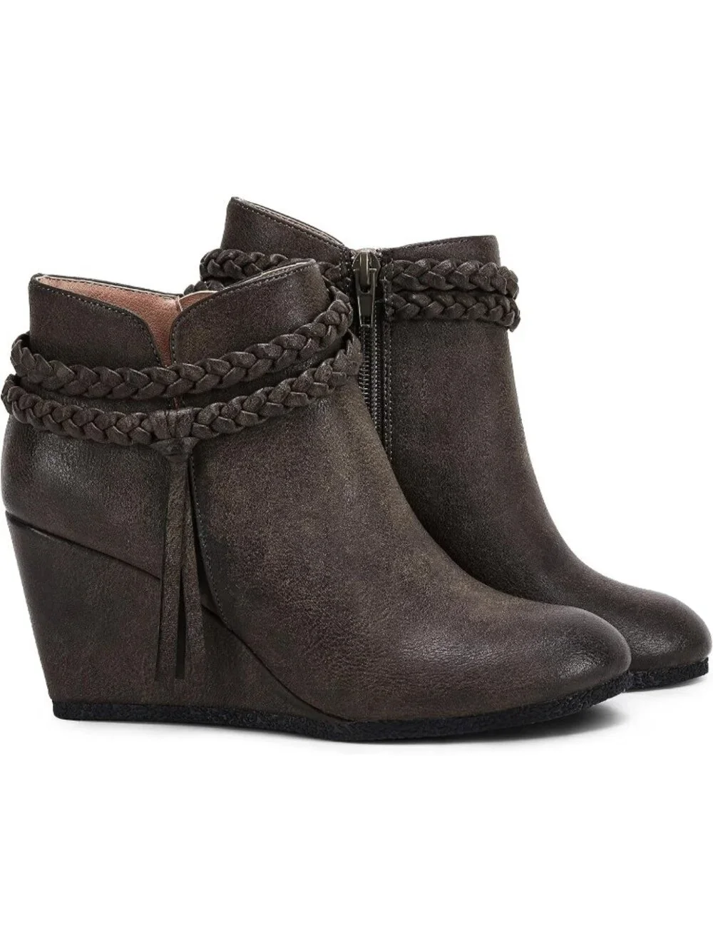 Women's Grey Braided Fringe Strap Western Heeled Fall Booties Dress Shoes